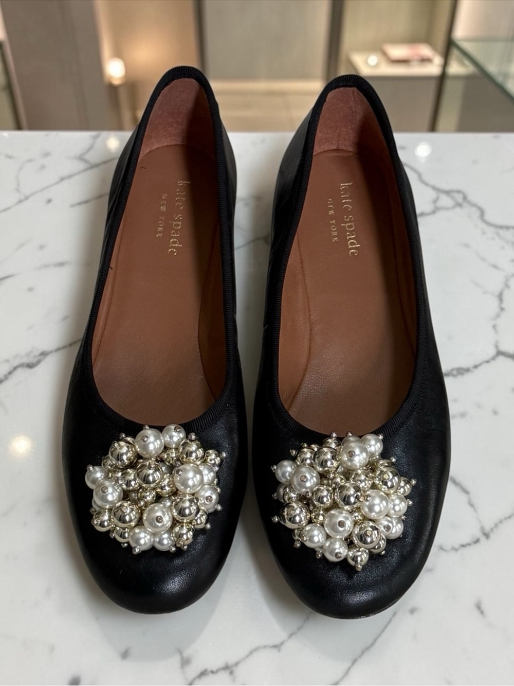 Kate Spade Black Leather Pearl-Embellished Ballet Flats! 7B! EUC!!